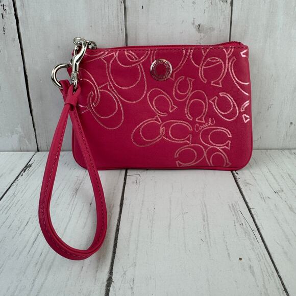 Coach Pink Silver Leather Logo Wristlet Wallet Satin Lined Y2K Style Barbiecore - Picture 1 of 11